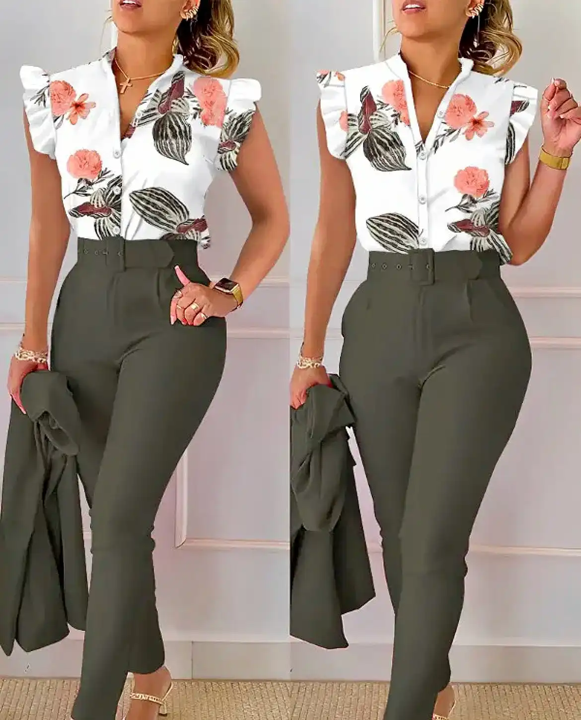 Summer Fashion Print Two Piece Set Women Casual Office ladies Button Flying Sleeve Shirt Pants Two