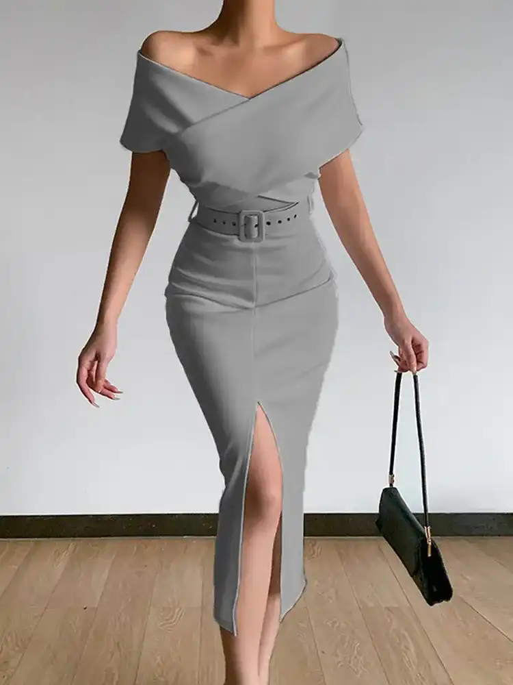 Elegant Women's Split Party Dress, Solid Color Dress, Sexy, Waist, with Hip Bag, for Spring and Summer