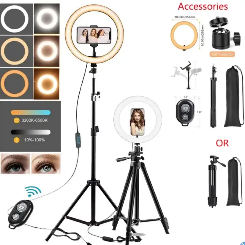 LED Ring Light with 26cm USB Charger for Selfie, Phone Lens, Remote Control Lamp, Photography Lighting with Tripod Stand