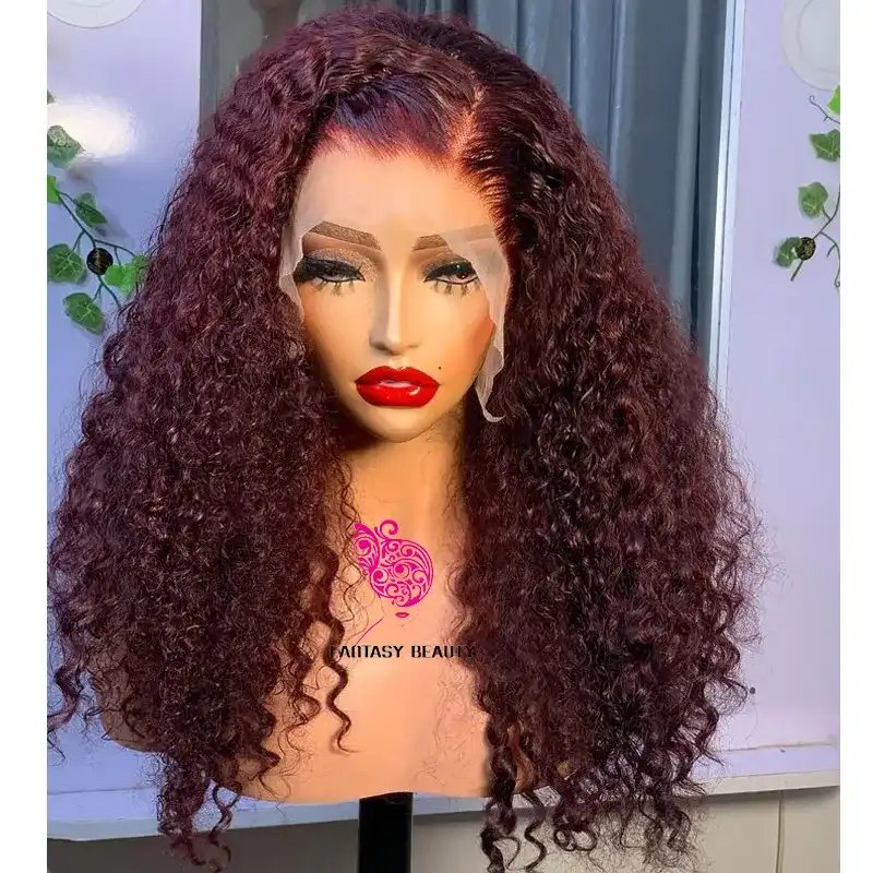100% Human Hair Curly Lace Front Wig for Women, Burgundy, Wine Red, Human Hairline, Long 03/Wear